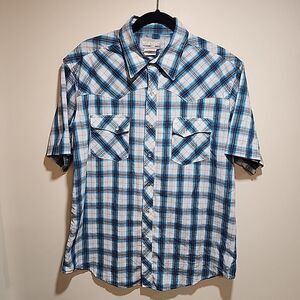VTG WRANGLER Pearl Snap Shirt Men’s L Blue Plaid Short Sleeve Western Cowboy
